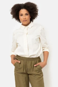 New Beige Dames Blouse Met Gefronste Kraag Dames Blouses
