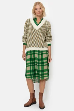 Cheap Beige-Bruin Geruite Pull Met V-Hals En Pofmouwen Dames Truien & Cardigans