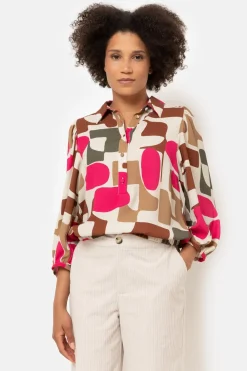 Fashion Bloesje Met Fuchsia-Bruine Print En 7/8 Mouwen Dames Blouses
