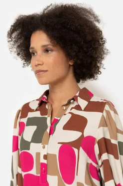Fashion Bloesje Met Fuchsia-Bruine Print En 7/8 Mouwen Dames Blouses