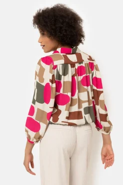 Fashion Bloesje Met Fuchsia-Bruine Print En 7/8 Mouwen Dames Blouses