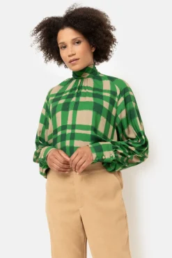 Hot Bruin Geruite Blouse Met Striklint Dames Blouses