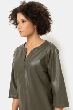 Outlet Bruine Jurk Met Lederlook En 3/4 Mouwen Dames Jurken