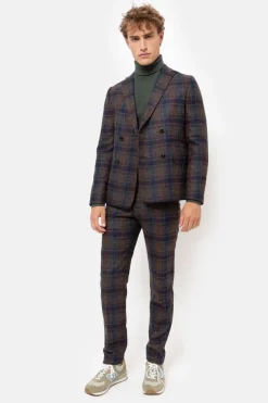 Cheap Bruine Slim Fit Heren Chino Met Blauwe Ruiten Heren Broeken