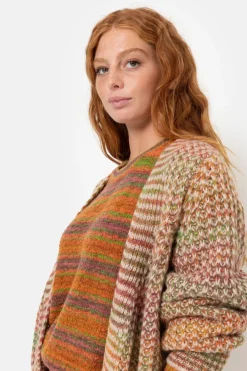 Outlet Bruin-Groen Gestreepte Korte Cardigan Dames Truien & Cardigans