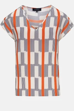 Best Sale Ecru Top Met Korte Mouw, Blauwe Strepen Dames Blouses