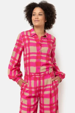 Best Fuchsia-Bruin Geruite Blouse Met Smock Mouwen Dames Blouses