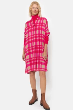 Cheap Fuchsia-Bruin Geruite Midi-Jurk Met Korte Mouwen Dames Jurken
