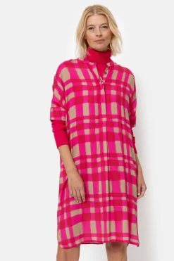 Cheap Fuchsia-Bruin Geruite Midi-Jurk Met Korte Mouwen Dames Jurken