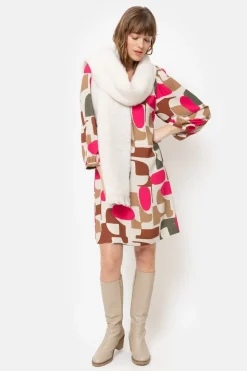 Fashion Korte Beige Jurk Met Fuchsia-Bruine Retroprint Dames Jurken