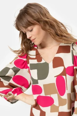 Fashion Korte Beige Jurk Met Fuchsia-Bruine Retroprint Dames Jurken