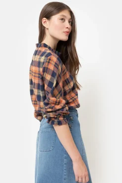 Discount Oranje-Blauw Geruite Blouse Met Franjes Dames Blouses