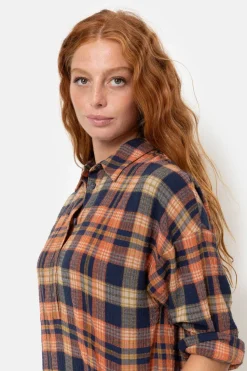 Online Oranje-Blauw Geruite Hemdjurk Met Lange Mouw Dames Jurken
